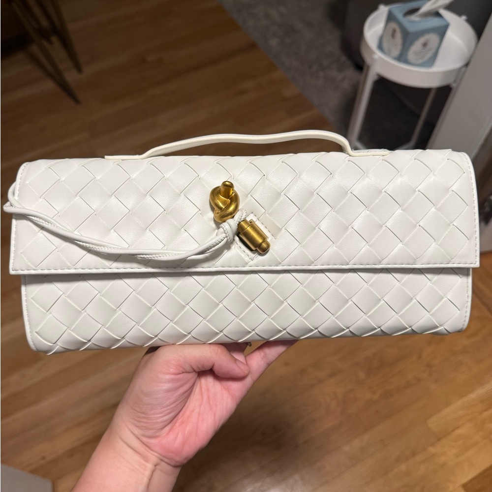 Commense White Woven Clutch with Gold Accents